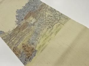 生紬手描き民家風景模様刺繍名古屋帯